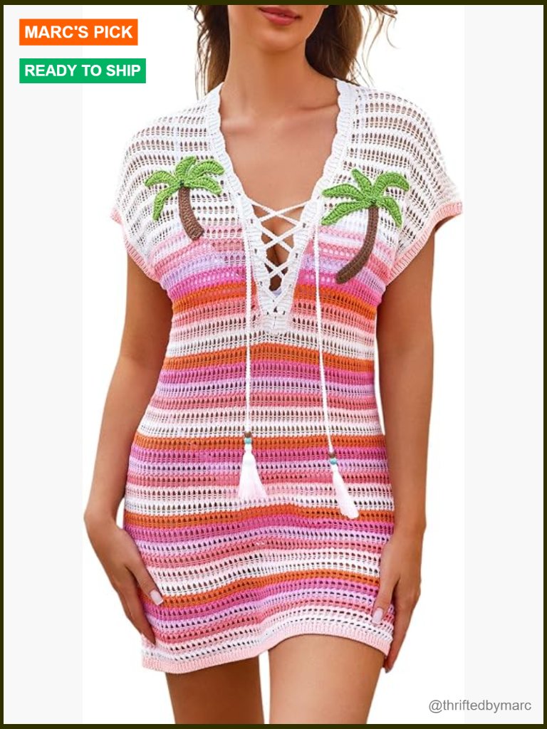 Crochet Beach Cover Up, Striped Swimsuit Coverup 3d Palm Tree Deep V Dress
